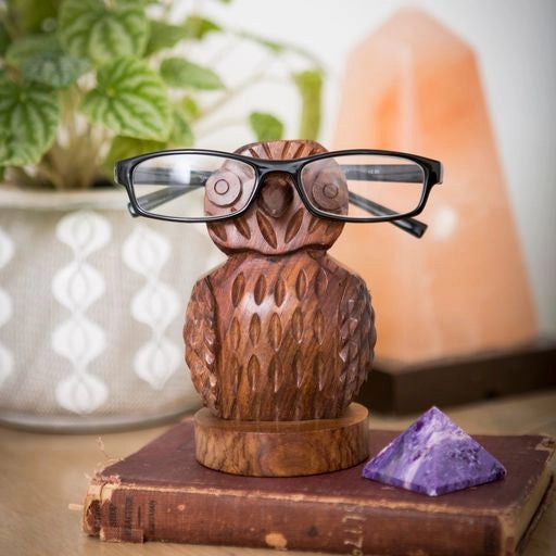 Owl Eyeglass Holder Stand - Hand Carved Wood
