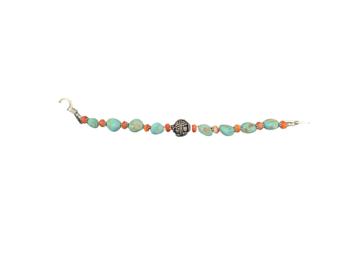 Sonoran Turquoise, Orange piny Oyster, Bali Silver Center Bead