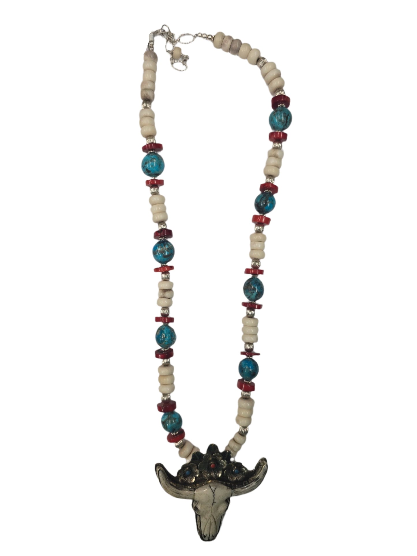 Steer skull w/coral & Turq. Flowers, Deer antler, Kingman turq.