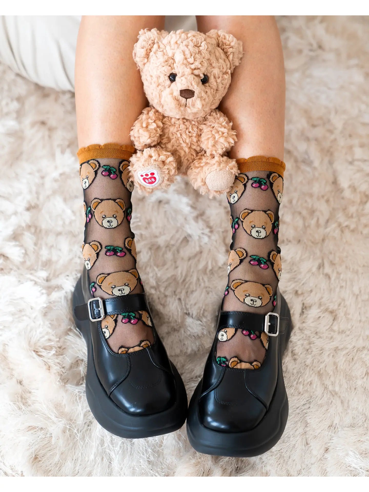 Teddy Bear Ruffle Black Sheer Crew Sock