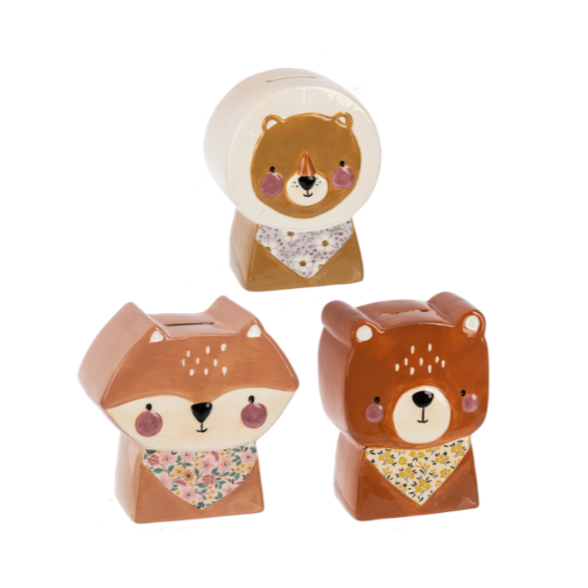 Three animal-themed piggy banks on a white background