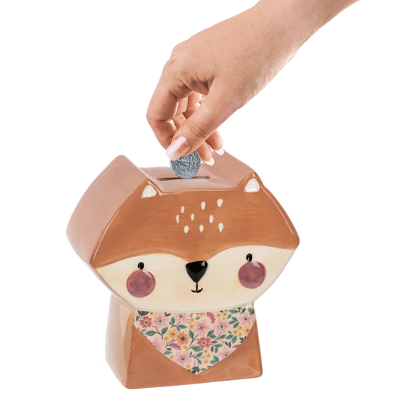 Fox-shaped piggy bank with a hand placing a coin inside on a white background