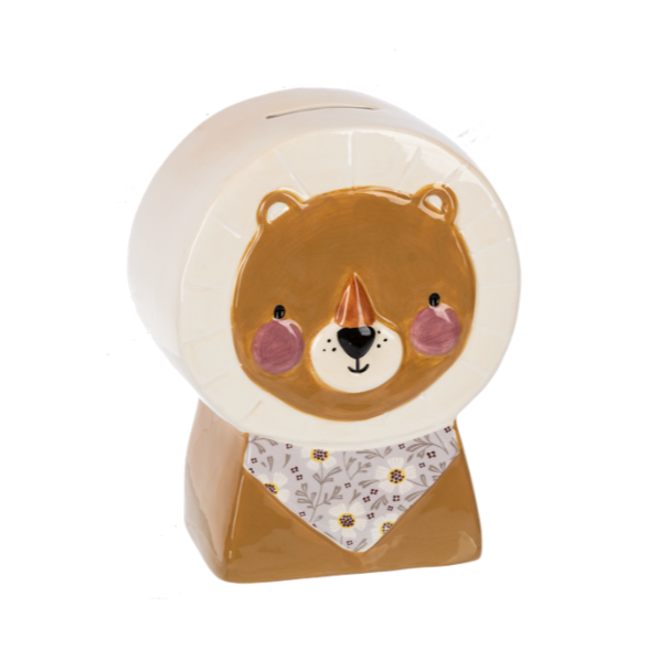 Ceramic lion-shaped piggy bank with a white lid on a white background