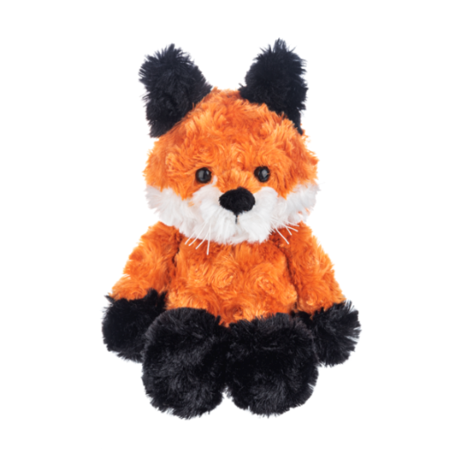 Plush fox toy with orange body, black paws and tail, and white muzzle on a white background