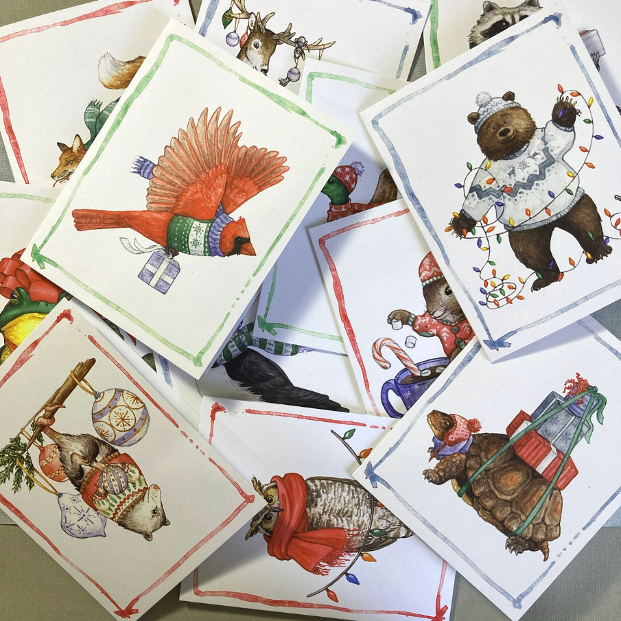 Card Set - 12 Festive Critters On Blank Recycled Cards