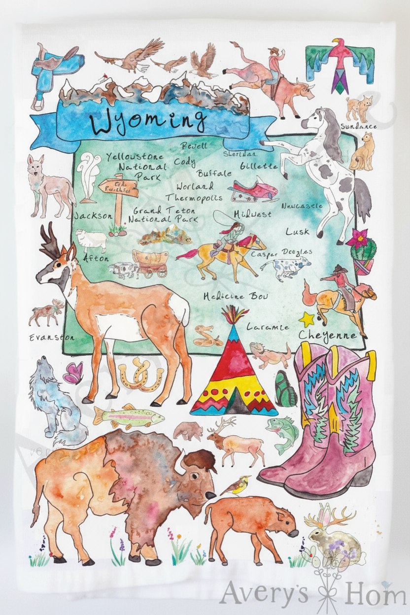 Tea Towel Wyoming State Map