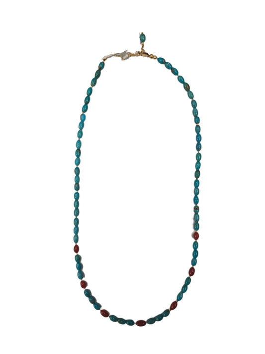 Vintage Chinese Turq. blue "rice" shape w/Corsica Coral