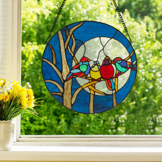 16" Astrid Birds in Night Sky Stained Glass Window Panel
