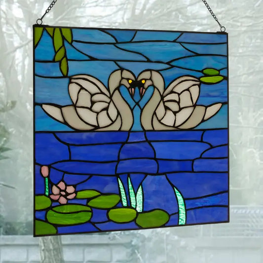 14" Romantic White Swans Stained Glass Window Panel