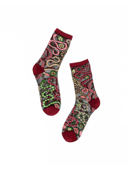 Serpentine Floral Black Sheer Crew Sock
