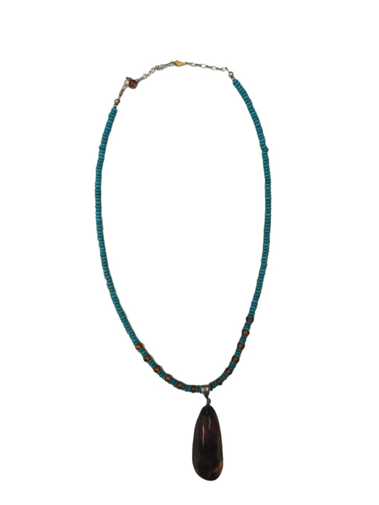 Az Turq. discs w/amber beads and long amber pendant