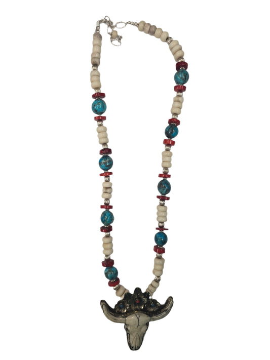 Steer skull w/coral & Turq. Flowers, Deer antler, Kingman turq.