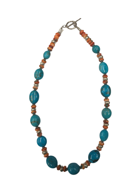 Kingman Turquoise Blue Eggs w/ Orange spiny oyster Necklace
