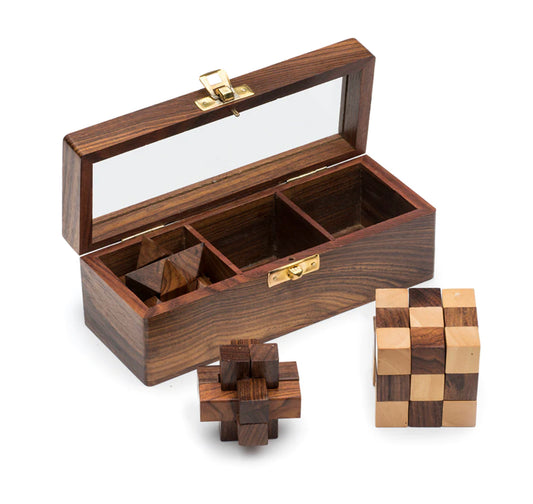Geometric Puzzle Game Trio Gift Set - Hand Carved Wood
