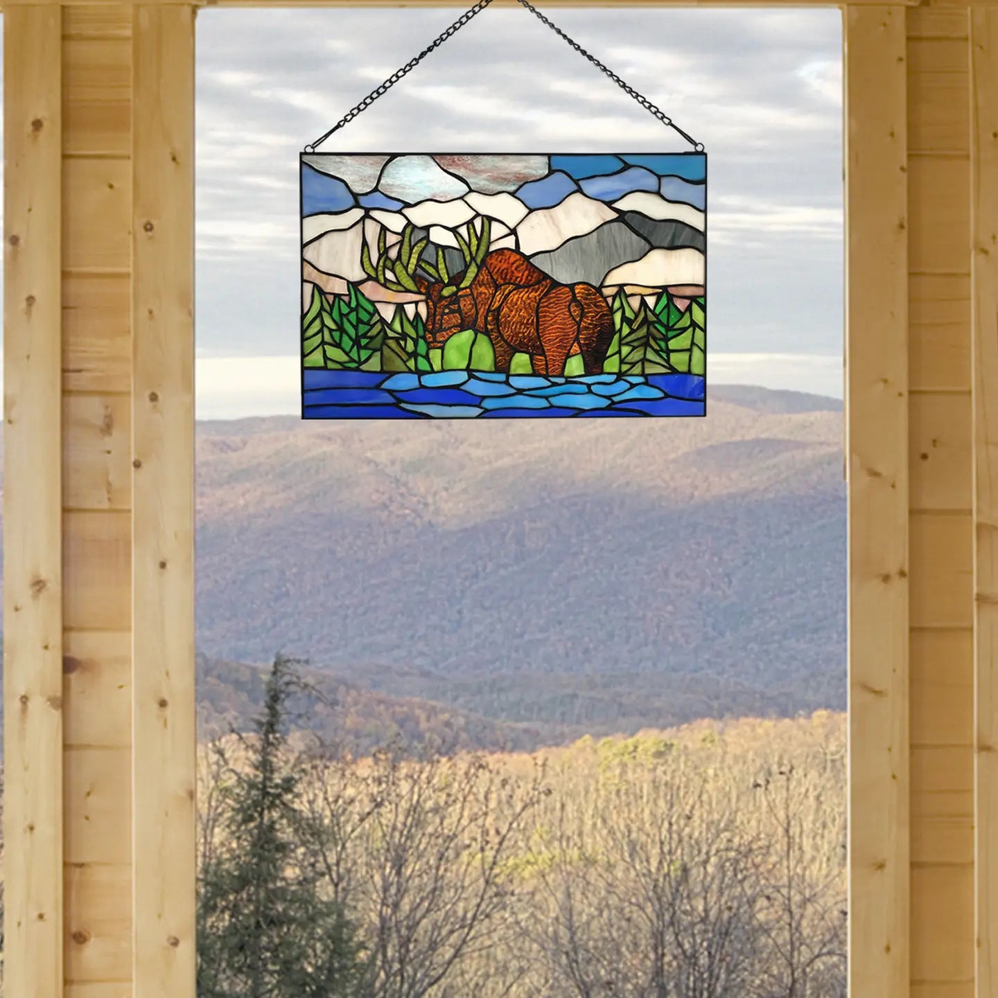 12" Moose in Mountainscape Stained Glass Window Panel