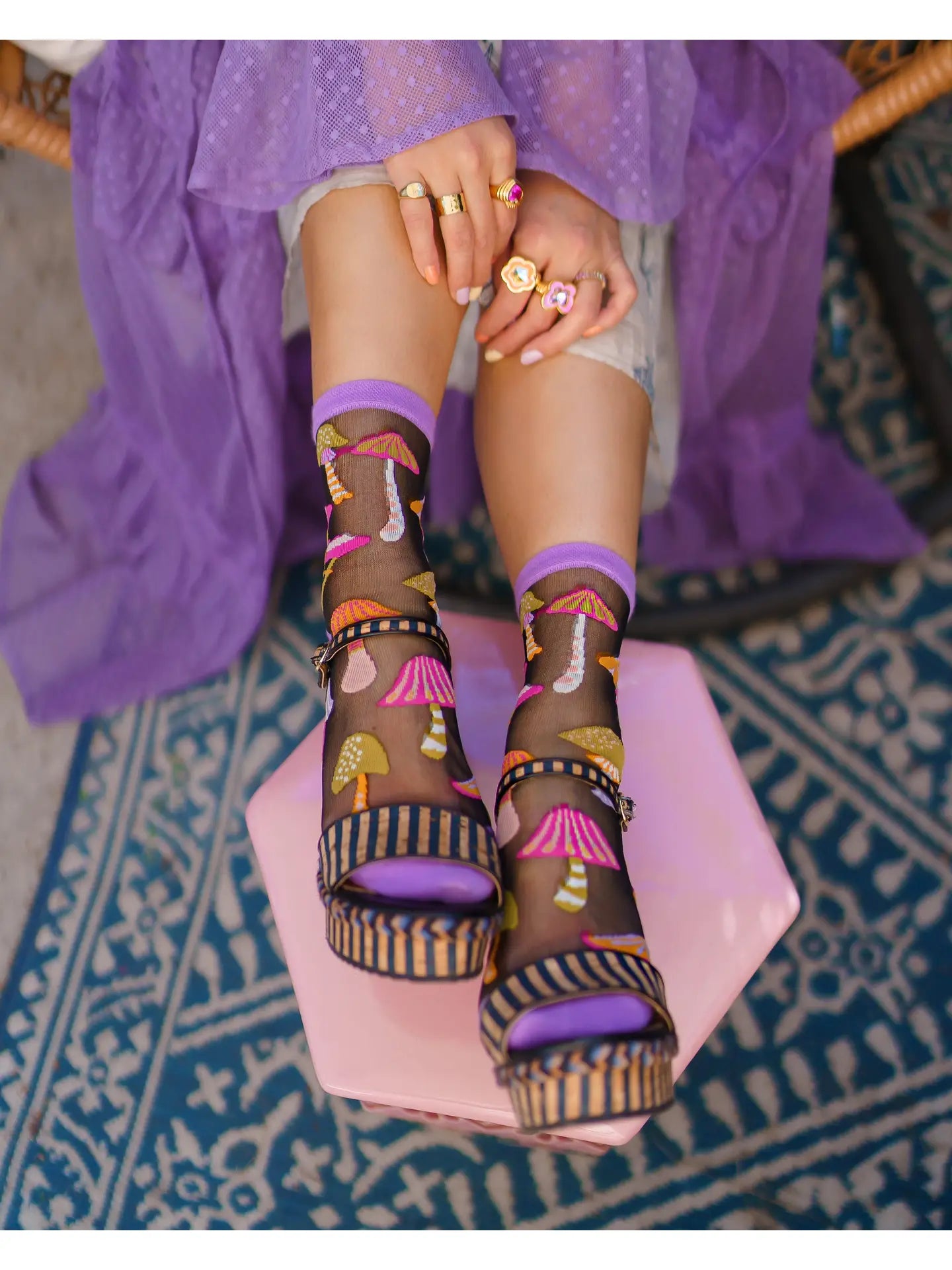 Magic Mushroom Black Sheer Crew Sock