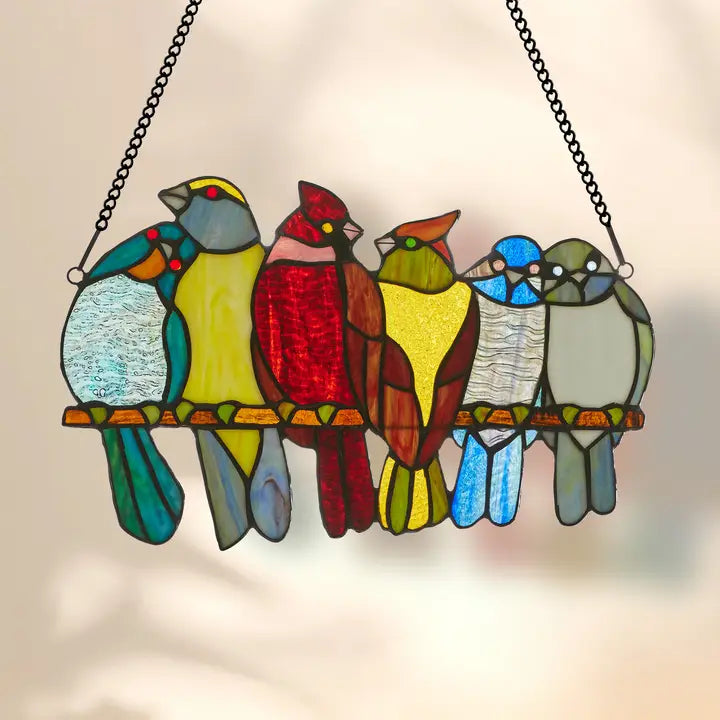 15" Birds in Love Stained Glass Window Panel