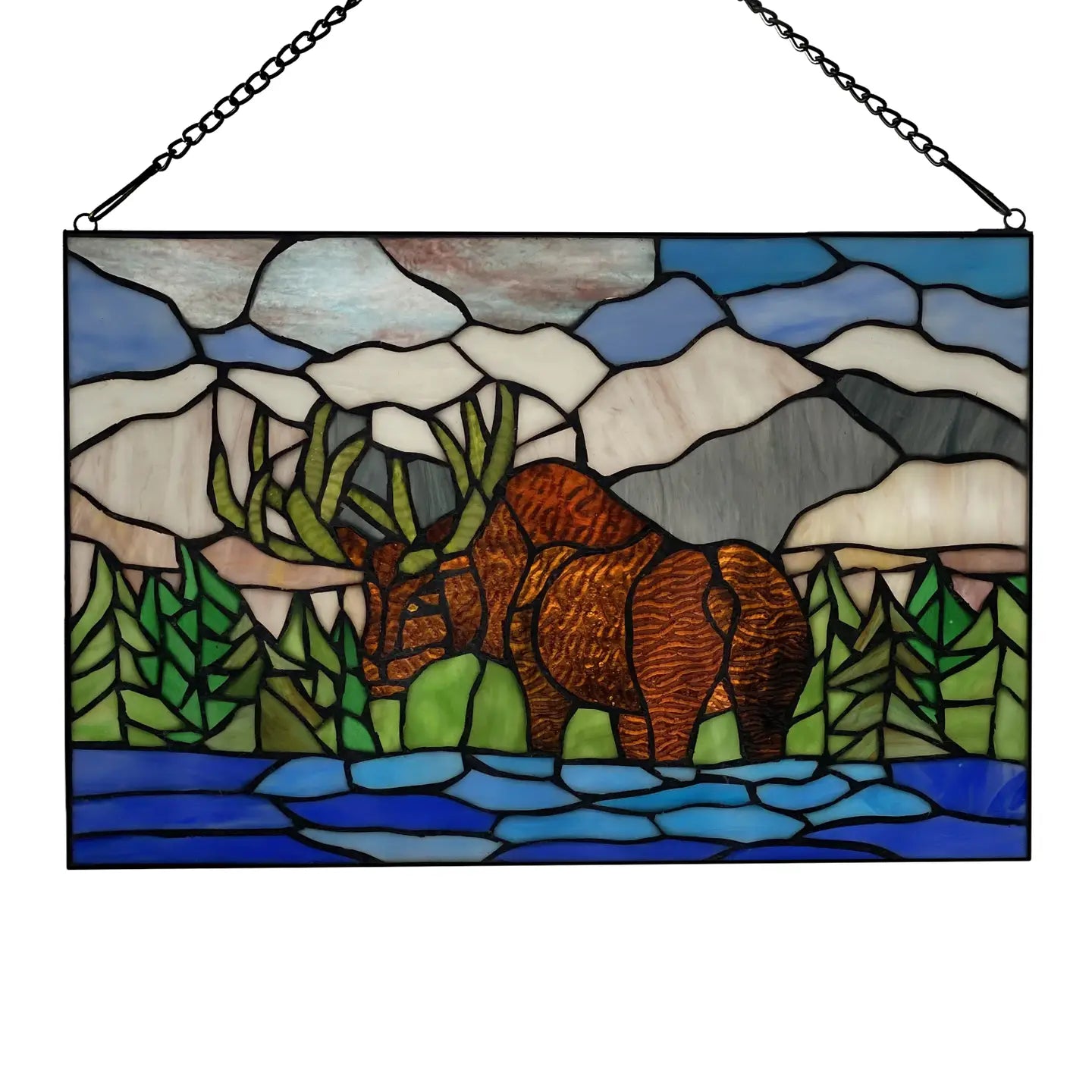 12" Moose in Mountainscape Stained Glass Window Panel