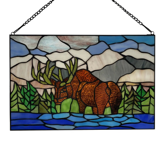 12" Moose in Mountainscape Stained Glass Window Panel