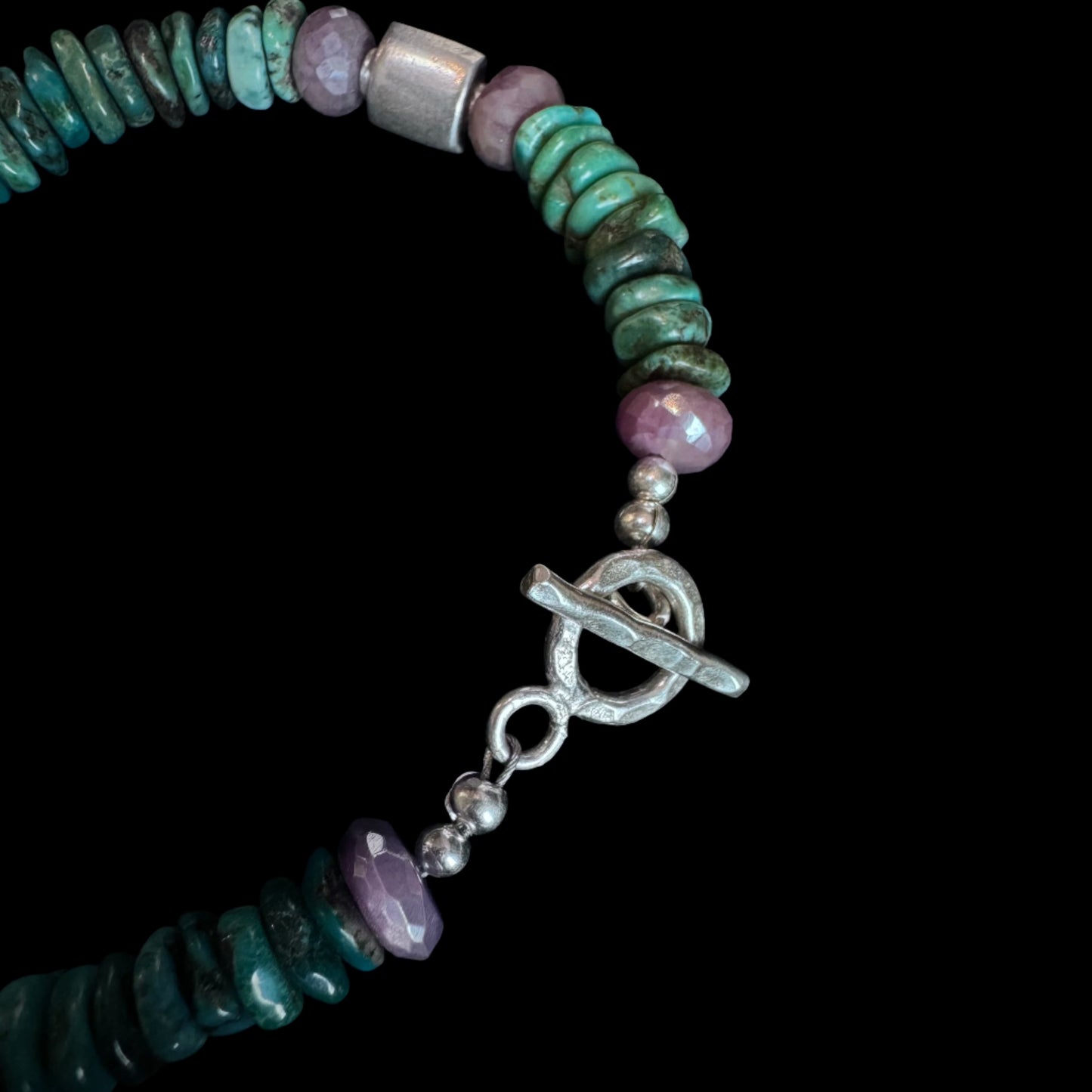 Az Turquoise Flat Beads w/purple "mystic coated" & Bali Silver