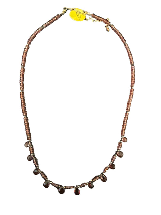 Garnet 11 Drop Tiny Bead Necklace Gold Fill