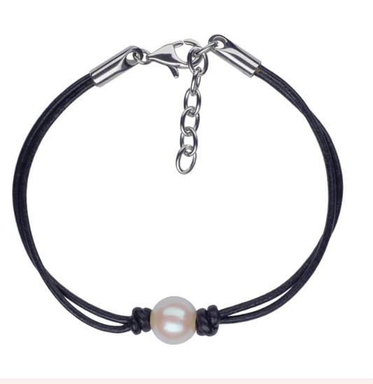 Bracelet Single Pearl Leather Black