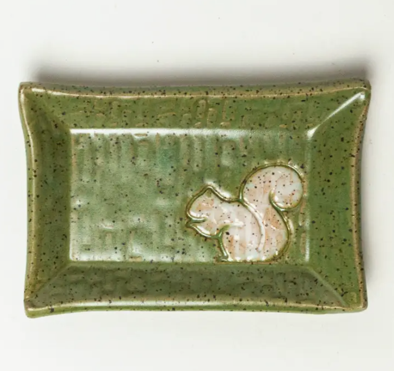 Ceramic Green White Squirrel Trinket Dish