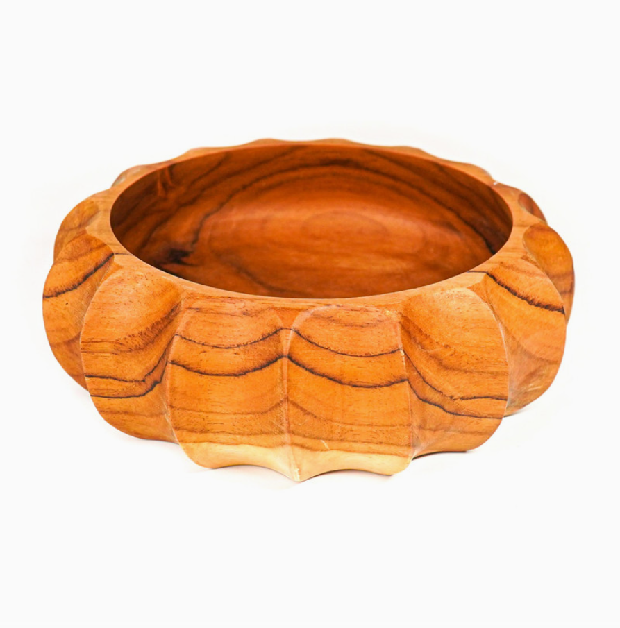 Fluted Round Teak Wood Bowl