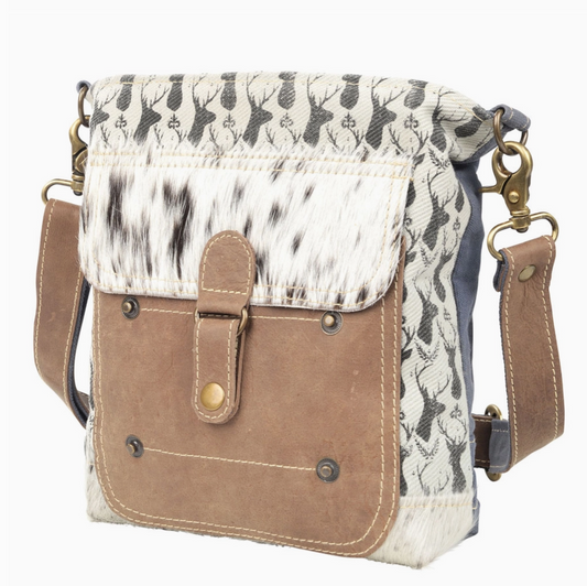 Deer Print Canvas Shoulder Bag with Cowhide Pocket