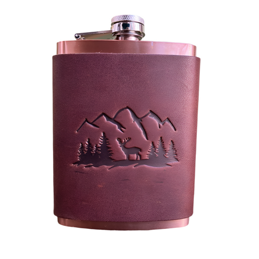 Leather Wrapped Flask - Mountains and Elk