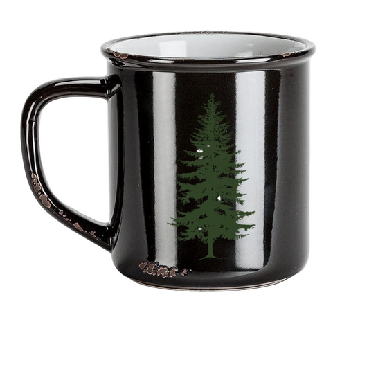 Retro Enamel-Style Camper Mug with Rustic Pine Tree