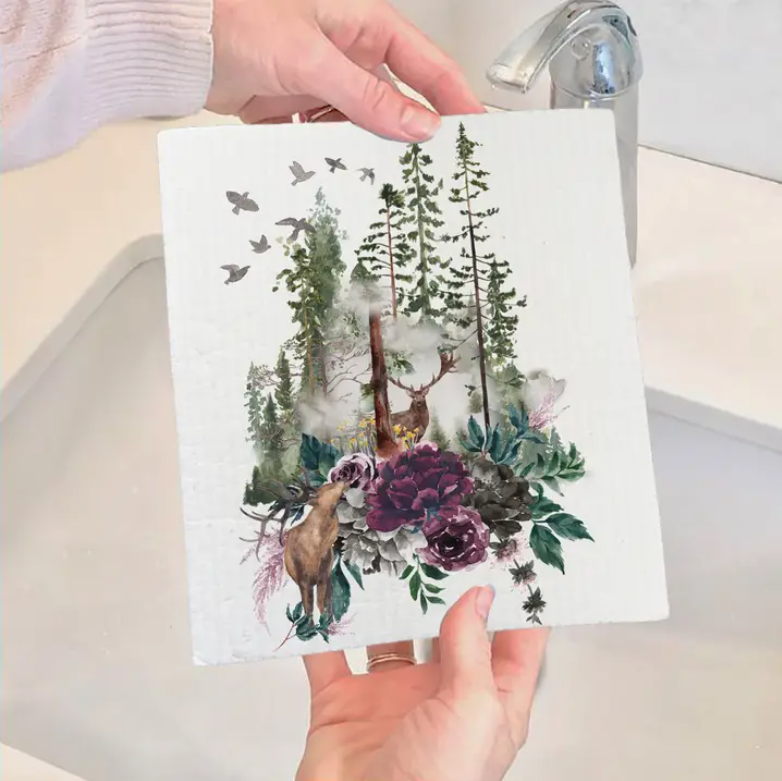 Deer Forest Mountains Wildlife Swedish Dish Cloth