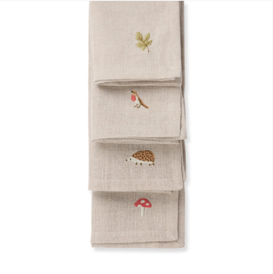 Woodland Friends Embroidered Linen Napkins (Set of 4)