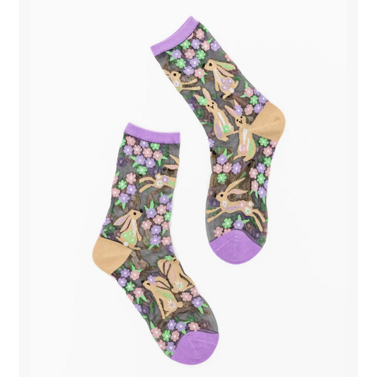 Rabbit Floral Black Sheer Crew Sock