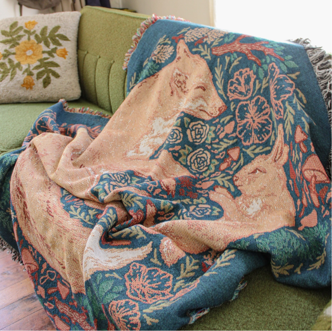Woven Blanket Tapestry: Fox & Hare