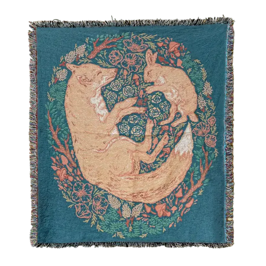 Woven Blanket Tapestry: Fox & Hare