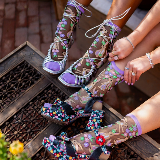 Rabbit Floral Black Sheer Crew Sock