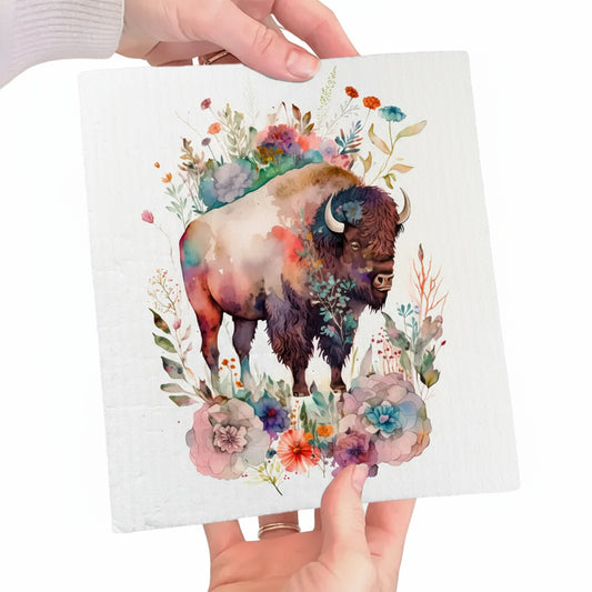 Western Buffalo Colorful Flowers Swedish Dish Cloth