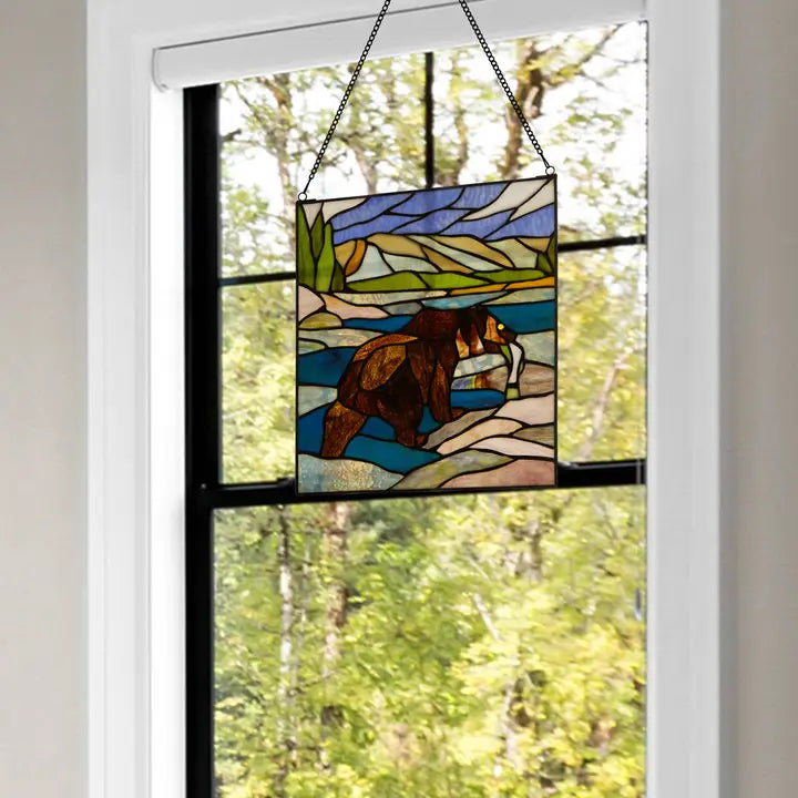 14" Brown Bear Stained Glass Window Panel