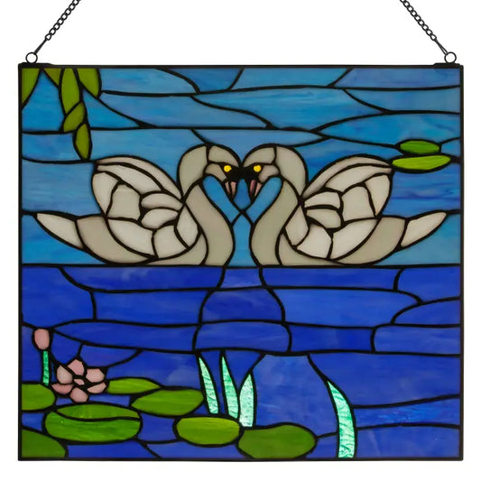 14" Romantic White Swans Stained Glass Window Panel