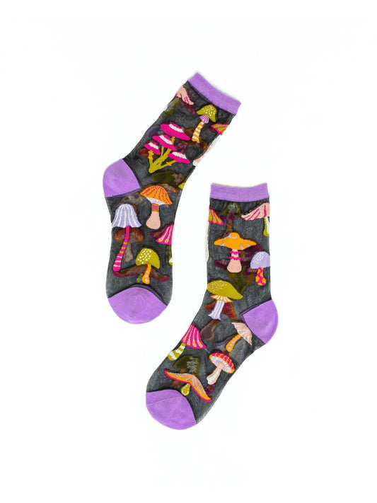 Magic Mushroom Black Sheer Crew Sock