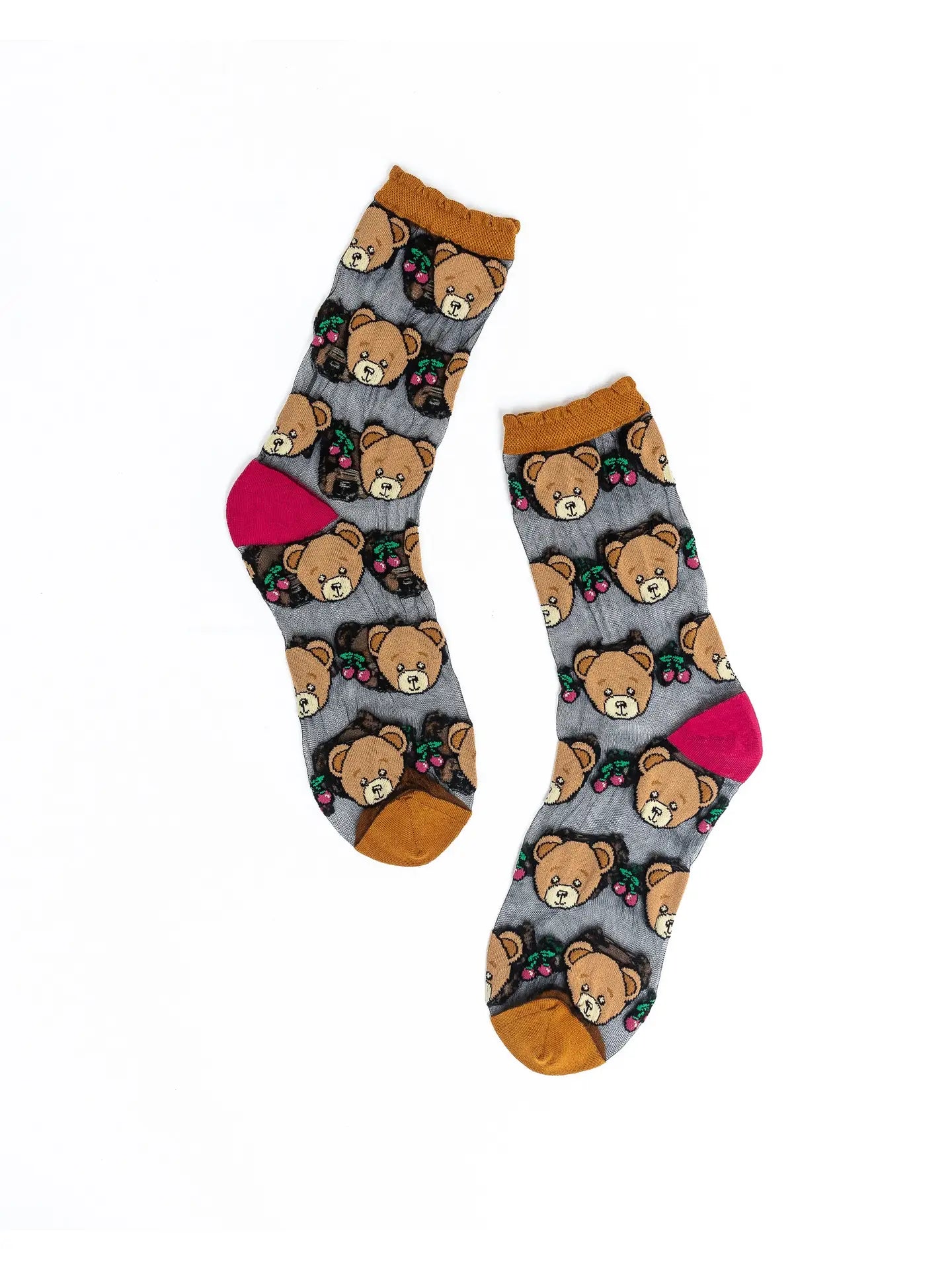 Teddy Bear Ruffle Black Sheer Crew Sock